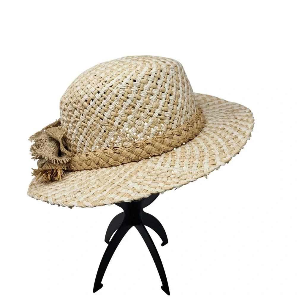 Vtg Cottage Core Straw Weaved Sun Hat Cream Beige Checked‎ Burlap Flower Braided